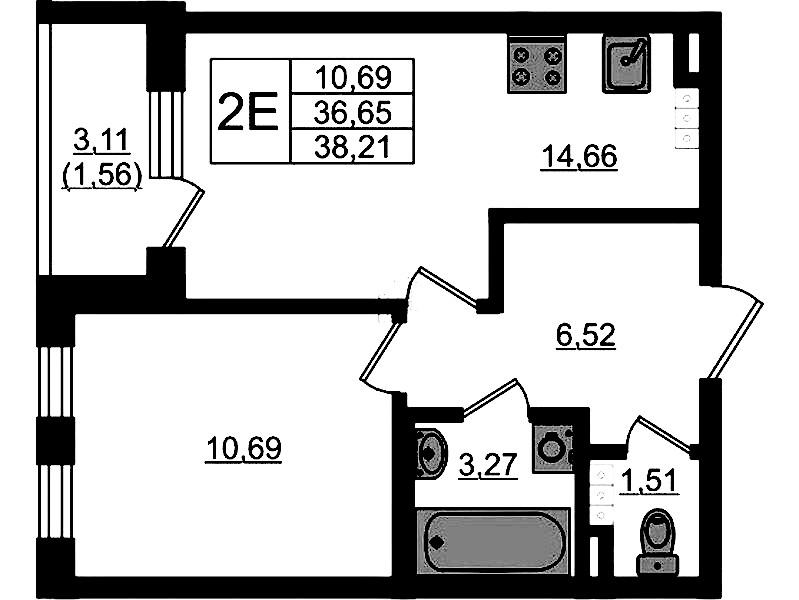 1-комнатная квартира 38.21 м², 4/4 эт., ЖК «Новая история»